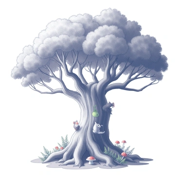 A massive tree with sprawling roots that extend widely across the ground. The tree trunk is thick and textured, showcasing deep grooves and rough bark. A dense canopy of leaves is visible, providing shade and shelter. Various forest creatures can be seen among the branches and around the base of the tree, including a squirrel perched on a branch, a rabbit nestled among the roots, and colorful birds flitting between the leaves. Small ferns and mushrooms grow around the base, adding to the woodland atmosphere.