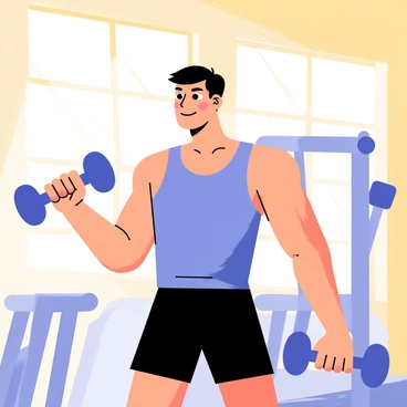 A man with a muscular build is confidently lifting weights in a bright, well-equipped gym. He has short dark hair and is wearing a fitted blue tank top and black workout shorts. The gym features various exercise equipment in the background, including dumbbells and benches. Sunlight streams in through large windows, casting a warm glow over the scene. The man appears focused and determined as he engages in his workout routine, showcasing a sense of empowerment after his gynecomastia surgery.