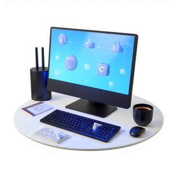 A computer workstation displaying a sleek, modern monitor with a glowing blue screen. On the screen, various icons representing digital security protocols, such as a padlock, a firewall symbol, and a shield, are prominently featured. The keyboard is black with illuminated keys, and a mouse sits beside it. A pair of hands, one on the keyboard and one on the mouse, are actively navigating the screen. In the background, a subtle glow emanates from a router, indicating secure internet connection. A notepad with handwritten notes on security practices is placed to the side, along with a cup of coffee, enhancing the work environment.