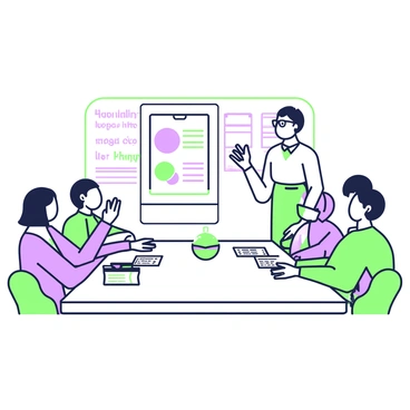 A group of five people is seated around a large conference table during a training session. In the center of the table, there are notebooks and pens for each participant. One person with glasses is standing, presenting information related to payroll on a projected screen. The presentation includes bullet points and a pie chart. The attendees, a mix of men and women, are actively taking notes, focused on the information being shared. On the wall behind them, there is a whiteboard filled with diagrams and keywords related to payroll.