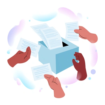 A large "ballot box" is placed prominently in the center of the image. The box is made of transparent material, allowing the viewer to see numerous "feedback forms" stacked inside. Several different hands of varying skin tones are reaching towards the box, each holding a distinct "feedback form" ready to be dropped in. The hands are positioned at different angles, creating a dynamic sense of movement. Surrounding the ballot box are soft gradients of pastel colors that gently blend into each other, adding a harmonious backdrop to the scene.