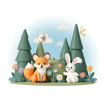 A vibrant forest scene featuring various animals interacting playfully. In the foreground, a cheerful fox with bright orange fur sits next to a curious rabbit with white fur and big floppy ears. They are surrounded by an array of colorful flowers in shades of red, blue, and yellow. In the background, tall green trees rise towards a clear blue sky, while a friendly bear can be seen peeking from behind a bush, smiling at the fox and rabbit. Sunlight filters through the leaves, creating a warm and inviting atmosphere.