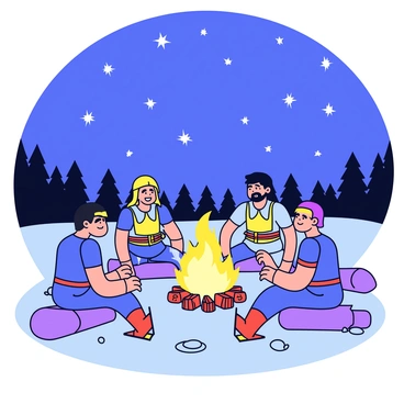 A group of conquistadors is gathered around a campfire, sitting on logs and the ground. They are wearing traditional armor, with shining helmets and ornate breastplates. The fire casts a warm glow on their faces, highlighting their features as they animatedly share stories. Above them stretches a clear night sky filled with numerous bright stars, creating a vast backdrop. In the distance, silhouettes of trees can be seen, framing the scene. The ground is covered with small stones and patches of grass surrounding the campfire.