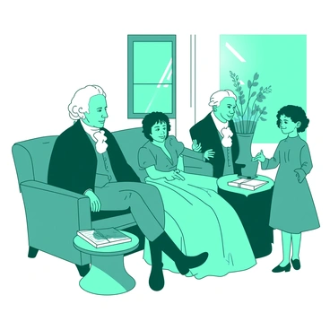 A teal family portrait of "George Washington" and "Martha Washington" seated together in a warm, inviting living room. "George" is dressed in a traditional attire, with a dark jacket and a white cravat, while "Martha" wears a beautiful gown with elegant details. Their children are gathered around them, with one child sitting on "George's" lap and another standing beside "Martha," holding her hand. The room features a large window letting in soft light, and there are comfortable chairs and a small table with books and a vase of flowers. A warm and relaxed atmosphere surrounds the family, highlighting their connection and love.