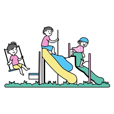 A group of three children playing in a colorful school playground. One child is swinging on a blue swing, wearing a red t-shirt and yellow shorts. Another child is climbing up a green slide, dressed in a pink dress with polka dots. A third child is sliding down the yellow slide, wearing a blue cap and green pants. The playground is surrounded by vibrant red, blue, and green playground equipment. There are lush green grass patches underneath the play structures.