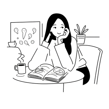 A student sitting at a small round table in a quaint café in Bordeaux. The student has long hair and is wearing a casual sweater. They are leaning over an open art history textbook filled with images and notes. A steaming cup of coffee sits on the table beside them, with a small plate that has a croissant. The café has a rustic charm, with wooden furniture and a few potted plants in the background.