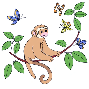 A curious gibbon with light brown fur and expressive eyes is sitting on a branch of a green leafy tree. The gibbon is leaning slightly forward, its hands resting on the branch, as it observes a flutter of colorful butterflies nearby. The butterflies feature vibrant patterns with shades of blue, orange, and yellow as they dance through the air. Sunlight filters through the leaves, creating soft dappled light on the scene.