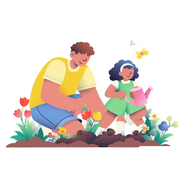 A big brother with short brown hair is kneeling in a sunny garden, carefully planting colorful flowers in freshly turned soil. He is wearing a yellow t-shirt and denim shorts. Next to him, his younger sibling, a girl with curly black hair, is holding a small pink watering can, ready to help. The garden is filled with various flowers, including red tulips, yellow daisies, and blue pansies. In the background, there are green shrubbery and a few butterflies fluttering around, adding to the lively garden atmosphere.