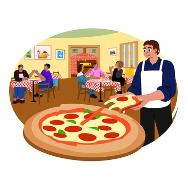 A cozy pizzeria in Chicago with red and white checkered tablecloths on wooden tables. The warm lighting creates a welcoming atmosphere, with a brick oven visible in the background. A server is presenting a customized deep-dish pizza, topped with gooey mozzarella cheese, pepperoni, and colorful bell peppers. The pizza is served on a round wooden pizza board, with a slice being lifted to show its thick crust and melted filling. Customers sit at nearby tables, enjoying their meals and chatting.