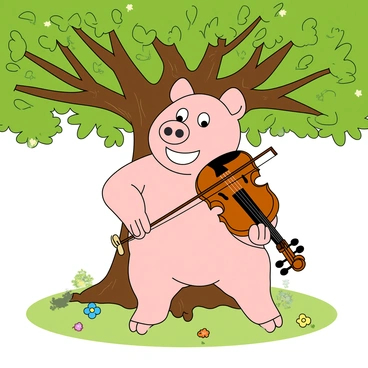 A cheerful cartoon pig with light pink skin and big round eyes is standing on its hind legs. The pig is holding a shiny wooden violin under its chin and using a bow to play a melodious tune. It has a wide grin on its face, displaying its enjoyment of the music. The scene is set under a large, majestic oak tree with a thick trunk and spreading branches filled with vibrant green leaves. Sunlight filters through the leaves, creating playful patterns on the ground. A few colorful flowers are scattered around the pig's feet, adding to the lively atmosphere.