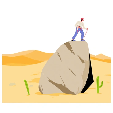 A lone climber wearing a bright red climbing harness is perched on a large, rugged boulder. The boulder has a rough texture with patches of gray and brown stone. Surrounding the boulder is an expansive desert landscape, characterized by golden sand dunes that stretch towards the horizon. In the background, there are distant, soft hills painted in a warm orange hue under a clear blue sky. A few scattered cacti can be seen nearby, adding to the arid atmosphere of the scene. The sun casts long shadows, emphasizing the height of the boulder and the climber's position.