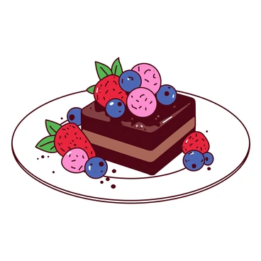 An elegant dessert is displayed on a white porcelain plate. In the center of the plate, there is a rich chocolate cake with a glossy ganache finish. The cake is layered and topped with an array of fresh berries, including vibrant red strawberries, deep blue blueberries, and bright pink raspberries. Surrounding the cake are small, delicate mint leaves that add a touch of green to the presentation. The plate is garnished with a light dusting of powdered sugar, enhancing the overall visual appeal of the dessert.