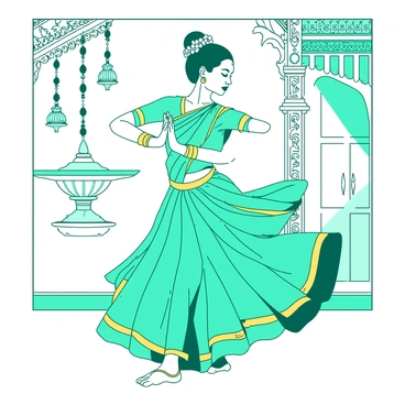 A teal Mohiniyattam dancer is performing gracefully on a stage. She is wearing an intricately adorned costume with elaborate golden patterns and embellishments. Her arms are elegantly positioned in traditional mudras, showcasing her expertise in the classical dance form. The dancer's hair is styled neatly and adorned with fresh white flowers. In the background, there are decorative elements that highlight the vibrant culture, such as hanging oil lamps and intricate carvings. The scene captures the essence of the performance with a focus on the dancer's poised expressions and fluid movements.