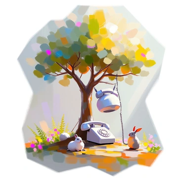 A whimsical scene featuring a tree with a thick trunk and vibrant green leaves, from which a vintage telephone is growing. The tree's branches elegantly extend outward, showcasing the telephone hanging like a fruit. The enchanted forest surrounding the tree is filled with colorful flowers, soft ferns, and shafts of sunlight filtering through the canopy above. Various small woodland creatures, such as a curious rabbit and a colorful bird, are observing the unusual sight of the telephone amidst the foliage.