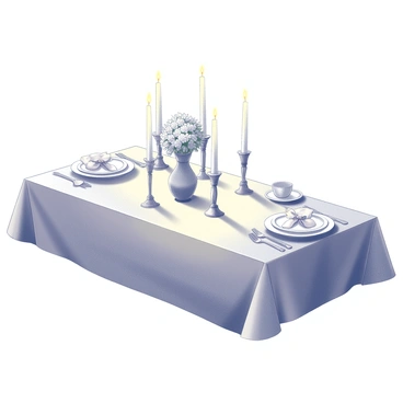 A dining table is elegantly set for two, featuring fine china and polished silverware. Softly glowing candles are placed in ornate holders, casting a warm light across the table. A delicate tablecloth drapes over the surface, and a small vase holds a bouquet of flowers at the center. The overall arrangement suggests an intimate atmosphere, enhancing the mood for a romantic dinner.