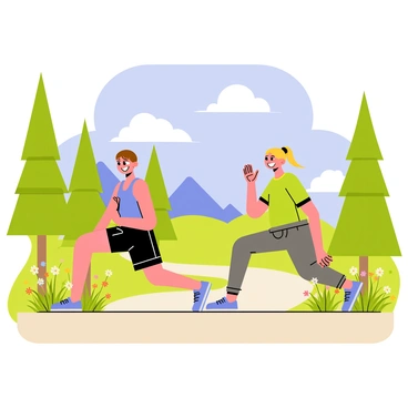 Two friends are performing lunges side by side on a scenic hiking trail. One friend has short brown hair and is wearing a blue tank top and black shorts, while the other friend has long blonde hair in a ponytail, dressed in a green t-shirt and grey leggings. The hiking trail is surrounded by tall green trees and vibrant wildflowers in various colors. A bright blue sky with fluffy white clouds is visible overhead, creating a cheerful atmosphere. Both friends are smiling and focused on their exercise, showcasing their determination and camaraderie.