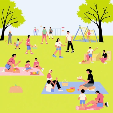 A public park filled with families enjoying a sunny day. Several groups are scattered across the green grass, with children playing games like tag and flying kites. Some families are sitting on colorful picnic blankets, sharing food from baskets filled with sandwiches and fruit. Nearby, a small playground can be seen with children climbing on the jungle gym and sliding down the slide. Trees with lush green leaves provide shade, and a clear blue sky fills the background.