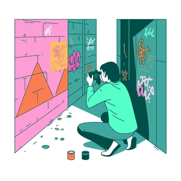 A teal photographer is crouched down in an urban alleyway, focusing intently with a camera on a vibrant mural. The mural features a blend of orange and pink geometric patterns interspersed with colorful graffiti. Surrounding the photographer, various colorful tags and street art decorate the brick walls. A few scattered paint cans are visible on the ground, hinting at the ongoing art scene in the alleyway. Sunlight filters through the narrow space, casting interesting shadows on the walls.