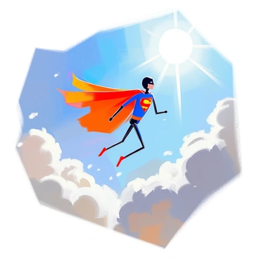 A stickman superhero is soaring through a bright blue sky, with fluffy white clouds scattered around. The figure has a simple, elongated body with thin limbs, featuring a bold red cape fluttering behind as it glides. The stickman has a distinct 'S' symbol drawn on its chest, indicating its heroic nature. The superhero is positioned slightly tilted forward, showcasing its dynamic movement through the air. The sun is shining brightly, casting light on the figure, enhancing the sense of action and adventure.