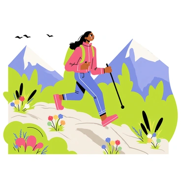 An Indian woman with long black hair is trekking up a scenic mountain trail. She is wearing bright hiking gear, including a red jacket and sturdy blue pants. The trail is surrounded by lush green foliage and vibrant wildflowers. In the background, majestic mountains rise against a clear blue sky. The woman carries a backpack and looks determined as she navigates the rocky path, with a few birds soaring overhead.