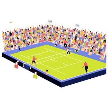A large stadium filled with excited fans. The fans are actively cheering and waving colorful banners and flags. Some fans are jumping out of their seats, showing their enthusiasm for the intense tennis match happening on the court. The players are in the middle of a tense rally, concentrating on the game. The scene captures the vibrant atmosphere with a mix of team colors represented by the flags and banners.