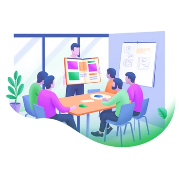 A modern pastel illustration of an artist standing beside a table in a conference room, showcasing their portfolio. The artist is holding a large, open portfolio filled with colorful artwork. Surrounding the artist are several potential clients seated at a rectangular table, attentively looking at the portfolio. The room has large windows allowing natural light to flood in, and there is a whiteboard on one side with sketches pinned. A potted plant sits in the corner, adding a touch of greenery to the space.