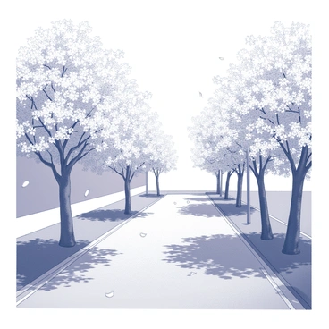 A street with a smooth pathway is flanked by cherry blossom trees. The trees are full of blossoms, with clusters of delicate flowers covering their branches. The scene is illuminated by sunlight filtering through the blossoms, creating intricate patterns of light and shadow on the ground. A few petals drift gently from the trees, adding to the serene atmosphere of the setting. In the background, the clear sky is visible, providing a sense of openness above the beautiful foliage.