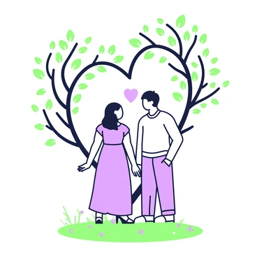 A couple is standing beneath a heart-shaped tree, which has branches that curve gracefully to form a heart. The couple is facing each other, with the woman wearing a flowing dress and the man in a casual shirt and trousers. The spirit of love, represented as a soft, glowing figure, is gently enveloping the couple with its ethereal arms extended outward. Delicate leaves flutter from the heart-shaped tree, creating a serene atmosphere. The ground beneath them is covered in soft grass, and there are small flowers scattered around, enhancing the romantic scene.