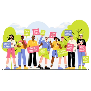 A vibrant outdoor scene depicting a diverse group of participants gathered at an eco-themed rally. Each participant holds a colorful sign with various slogans promoting environmental protection, such as "Save Our Planet" and "Clean Energy Now." The participants are dressed in casual, bright clothing, with some wearing hats and sunglasses. In the background, there are green trees and a clear blue sky, emphasizing the theme of nature and environmental awareness. Some participants are laughing and talking, creating a lively atmosphere of unity and purpose.