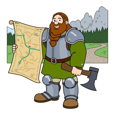 A sturdy dwarf with a strong build and a braided brown beard is standing confidently. He is wearing a detailed suit of armor that glints under the light, with a green tunic underneath. In his right hand, he holds an ancient, weathered map that is partially unfurled, displaying various markings and routes. His expression is determined and filled with excitement as he gazes into the distance. A sturdy axe is sheathed at his side, hinting at his readiness for adventure. Behind him, a rugged landscape with rocky mountains and a forest in the distance suggests the beginning of an epic quest.