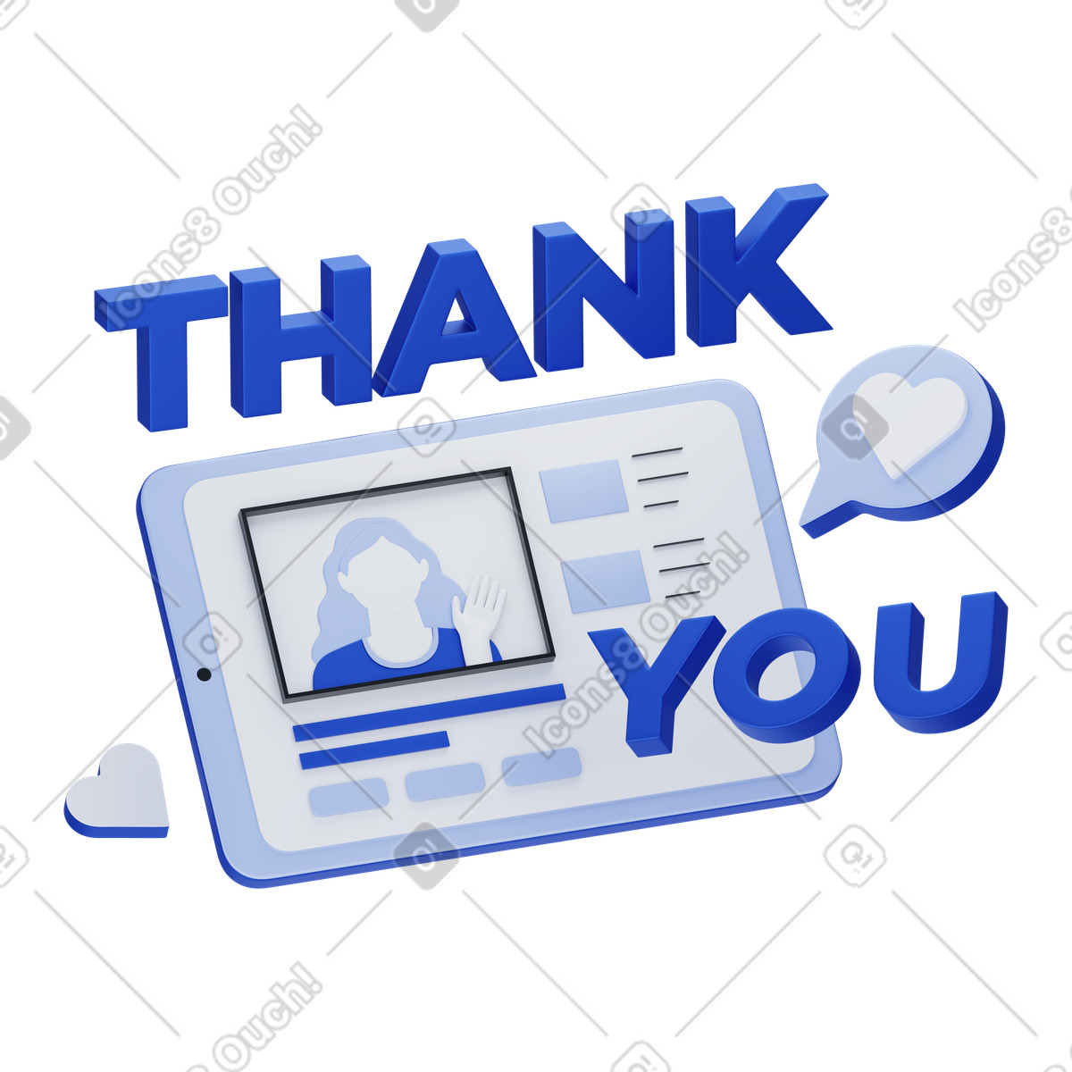 Tablet screen with video blogger and thank you message, content creator on social media channel animated illustration in 3D Techny style download in GIF, Lottie (JSON), AE