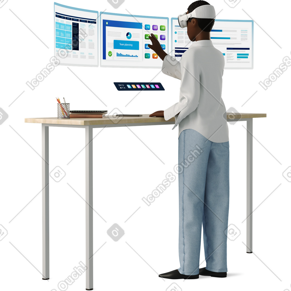 Donna con occhiali vr che esplora siti web illustrazione in stile 3D Business scarica in PNG, SVG