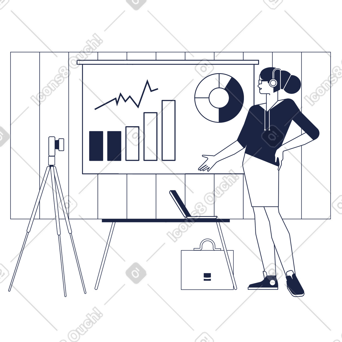 Illustration Formateur présentant des graphiques de données en ligne, formation virtuelle et atelier à distance dans le style Urban Line télécharger aux formats PNG, SVG