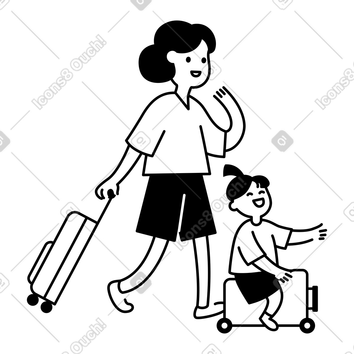 Illustration Mother walking with rolling suitcase and happy child riding luggage dans le style Notion Line Art à télécharger aux formats PNG, SVG