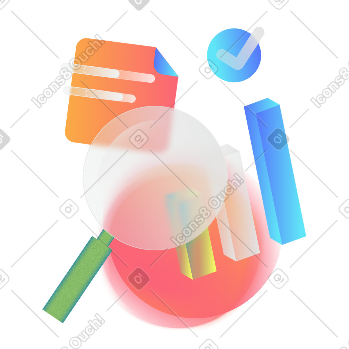 Ilustración Business analytics con lupa en estilo Morphis a descargar en PNG y SVG