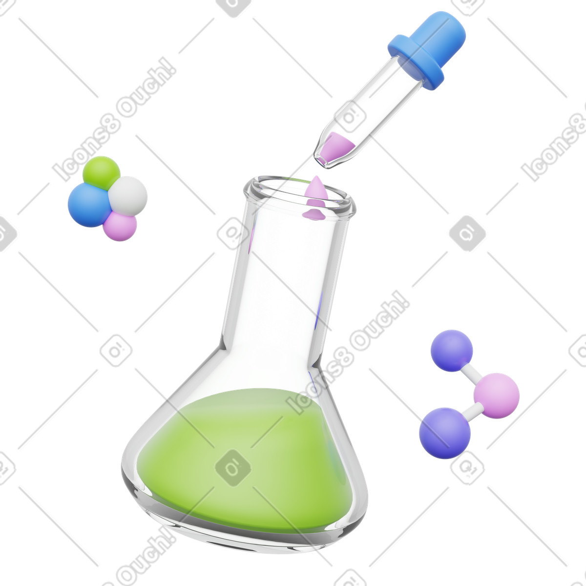 Chemistry lab experiment, Science research, Dropping liquid into erlenmeyer flask illustration in 3D Playful style download in PNG, SVG