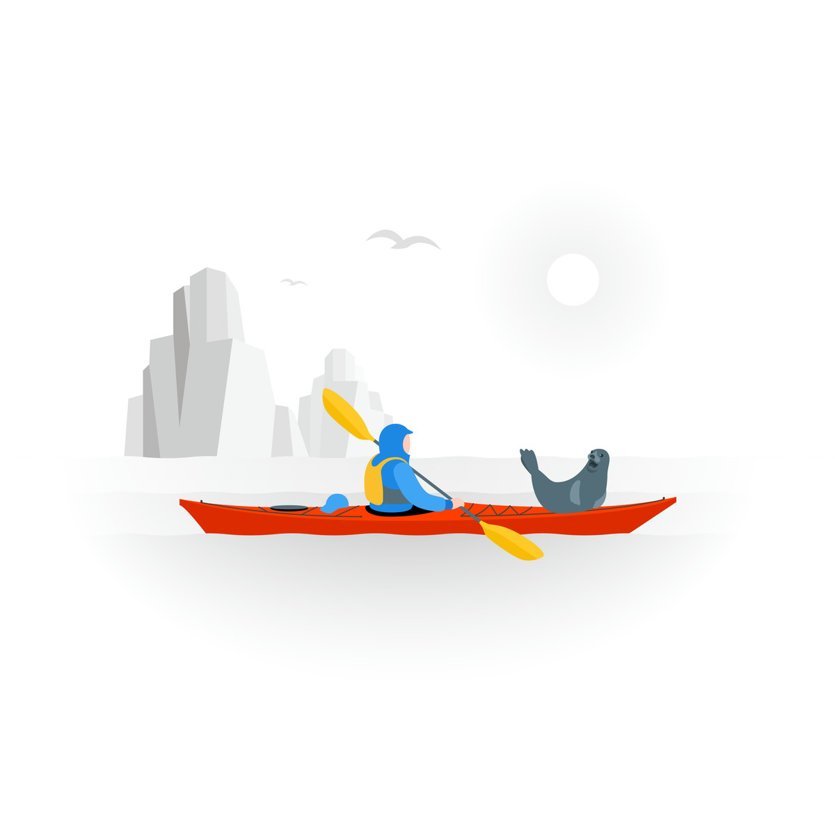 Ilustração de Seal leaping into explorer's kayak, Something went wrong concept em no estilo Fogg para baixar em PNG, SVG