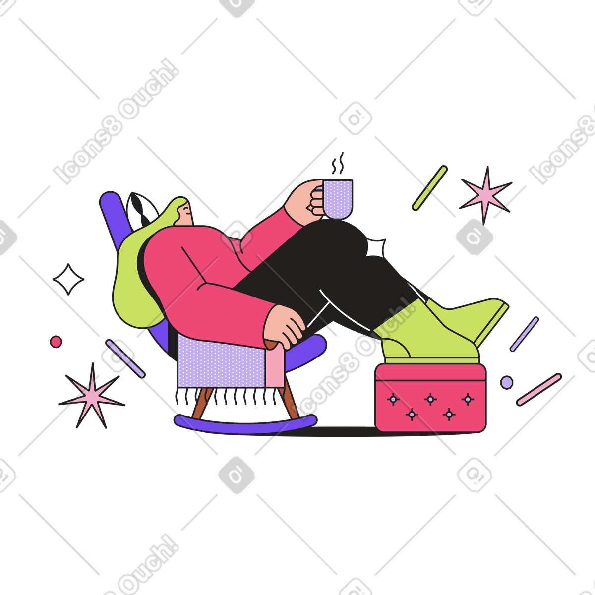 Relaxing in rocking chair with hot drink, Cozy evening and stress relief illustrazione stile Dazzle scarica PNG, SVG
