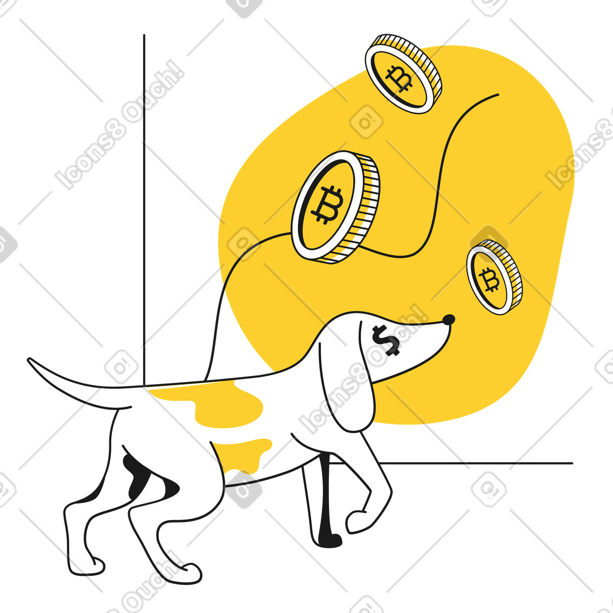Иллюстрация Темпы роста цены dogecoin с собакой и биткоинами в стиле Taxi — скачать в форматах PNG, SVG