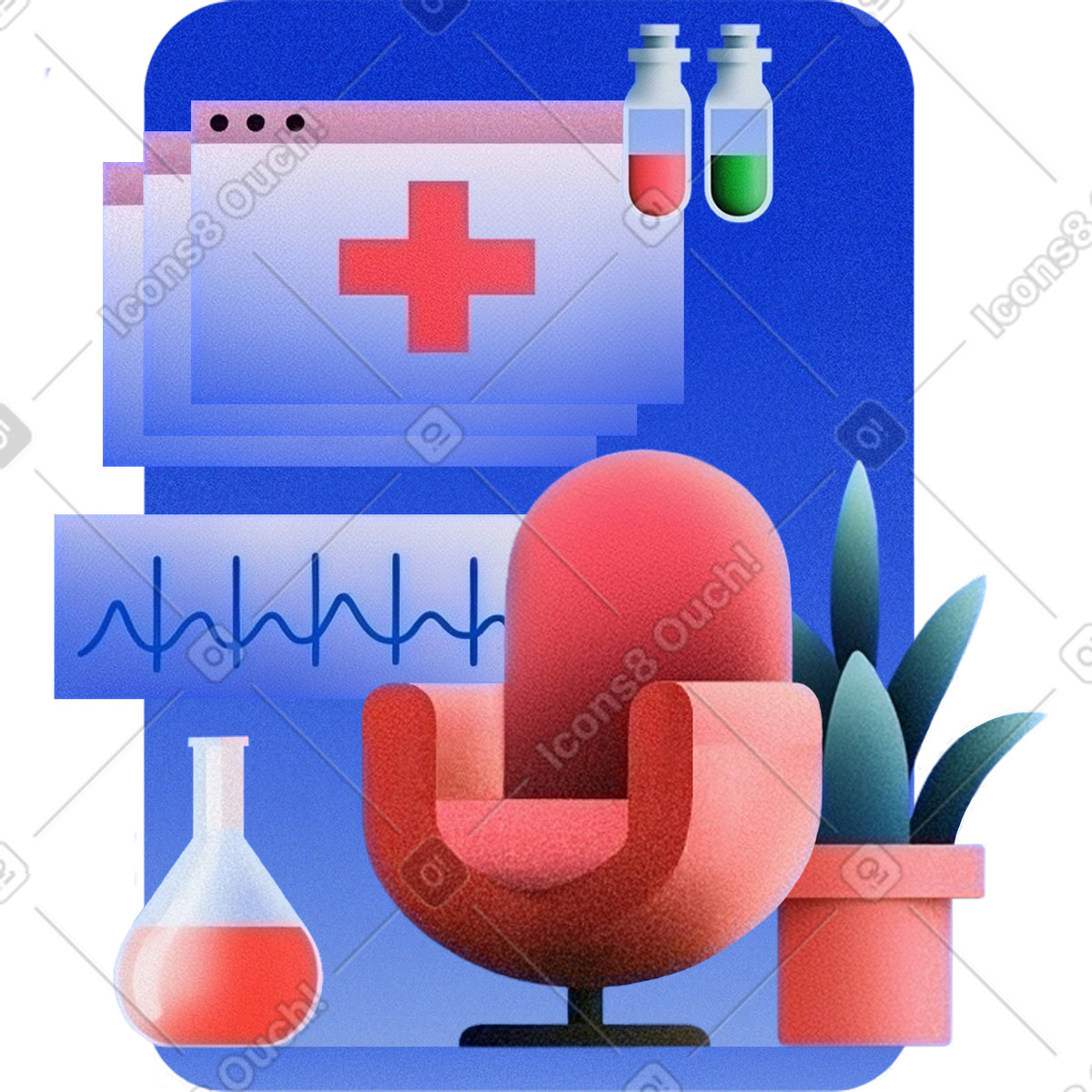 下载 Grainy 风格的 用于生物技术、医疗创新研究的烧瓶和心电图 插画，支持 PNG、SVG 格式