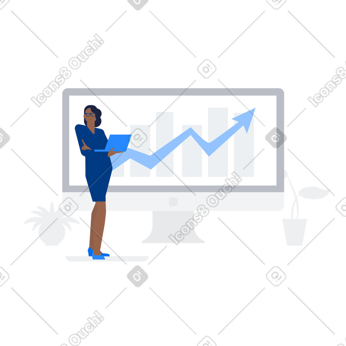Woman with laptop against background of analytics on screen illustration in Urban style download in PNG, SVG
