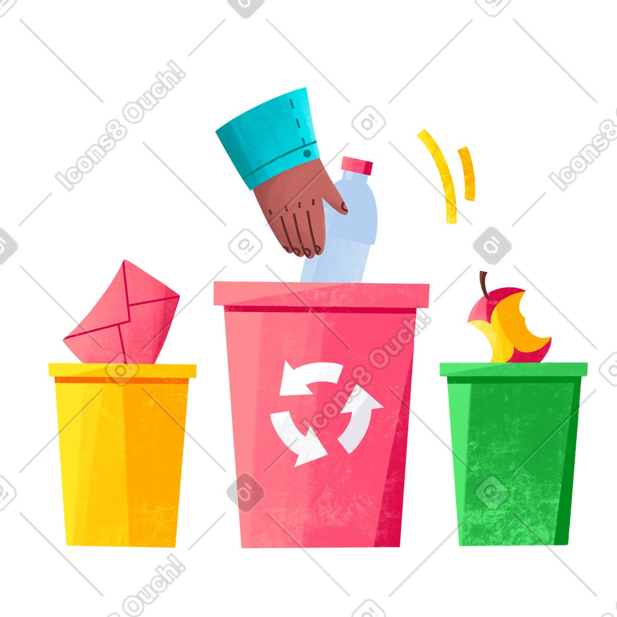 Illustration Collecte séparée des déchets : papier, plastique et organiques dans le style Bonbon à télécharger aux formats PNG, SVG