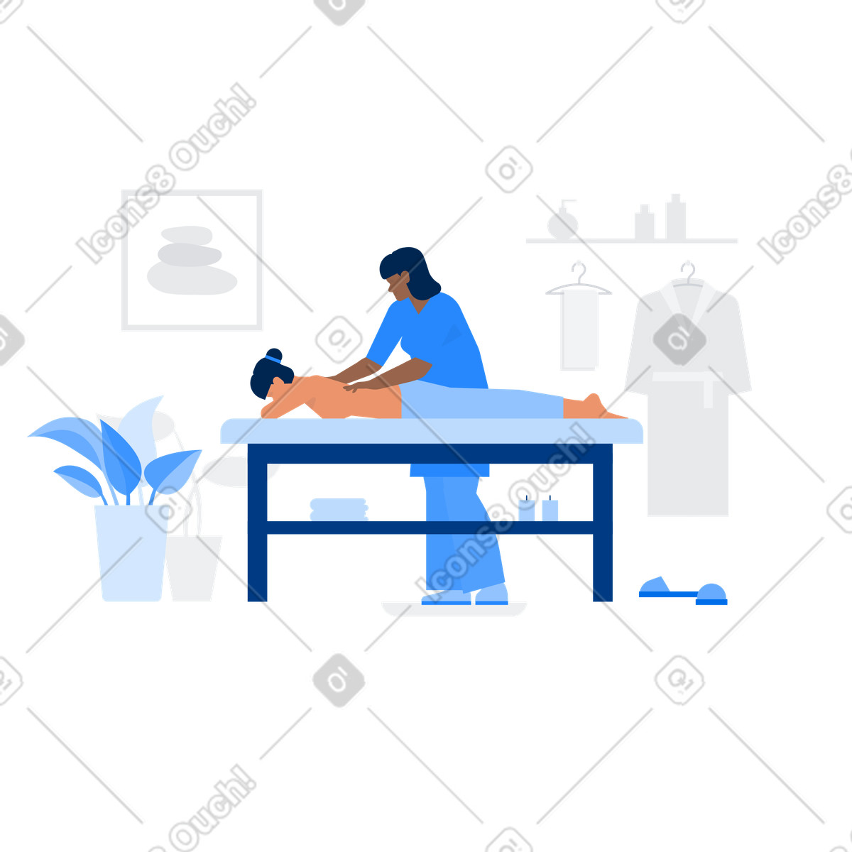 Therapist giving back massage in spa room, Relaxation and self care illustrazione stile Urban scarica PNG, SVG