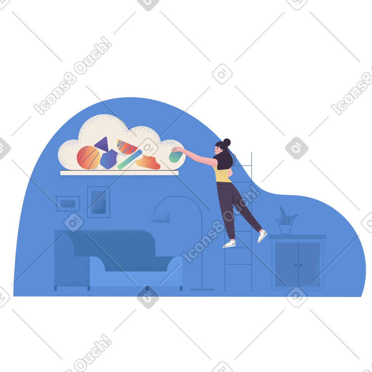Donna che mette gli oggetti nel cloud storage illustrazione in stile Pale scarica in PNG, SVG
