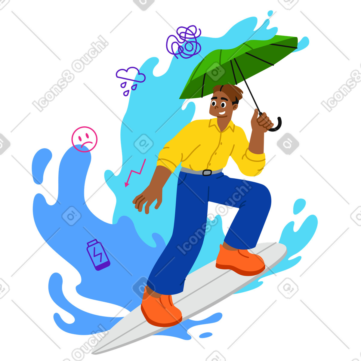 Young man surfing through stress and adversity around him-Illustration im Active-Stil als Download in PNG, SVG