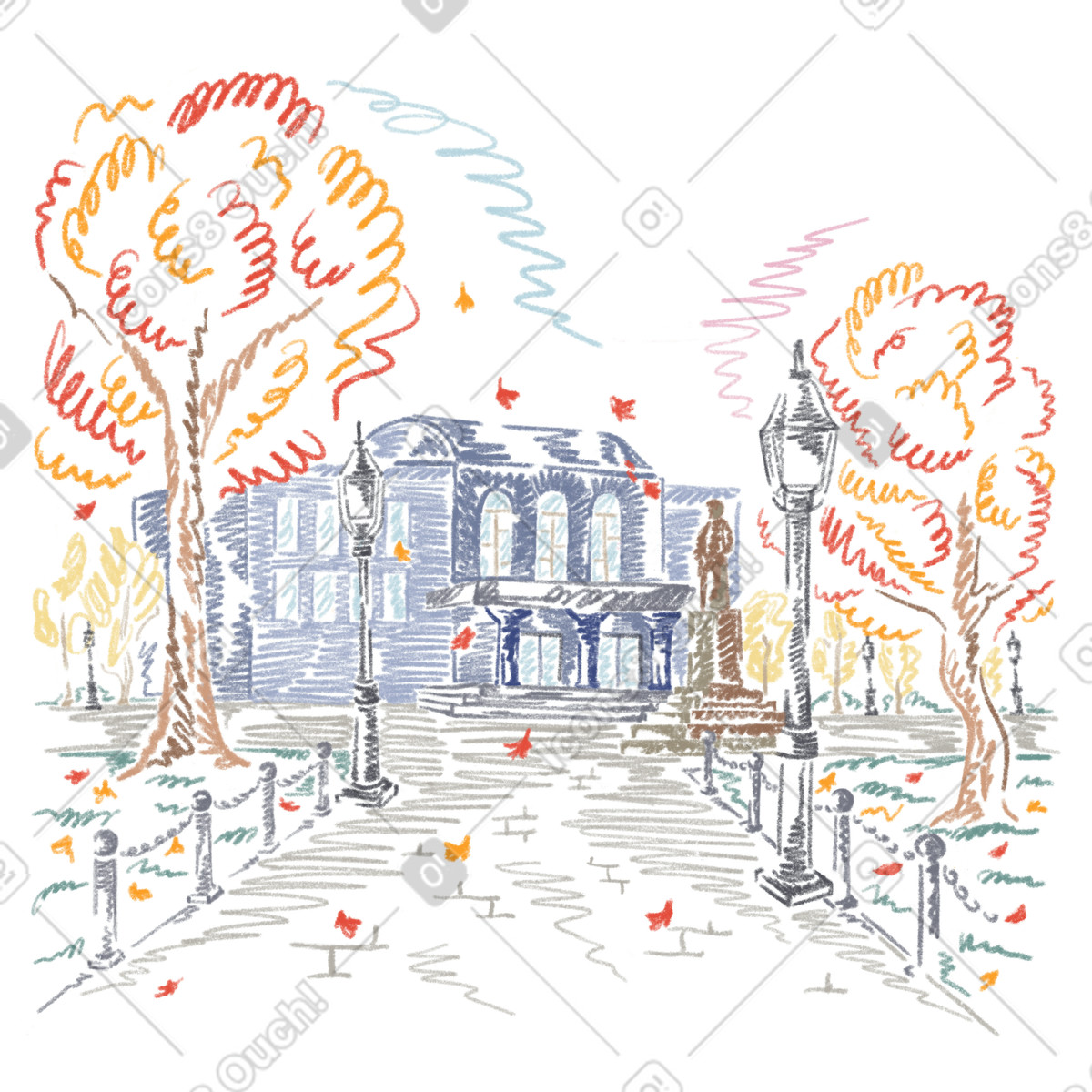 Illustration Parc d'automne, feuilles éparpillées dans le style Sketchbook à télécharger aux formats PNG, SVG