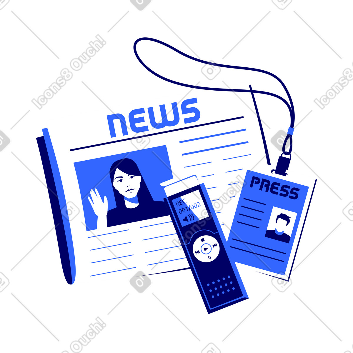 Press badge, newspaper and voice recorder illustration in Lounge style download in PNG, SVG