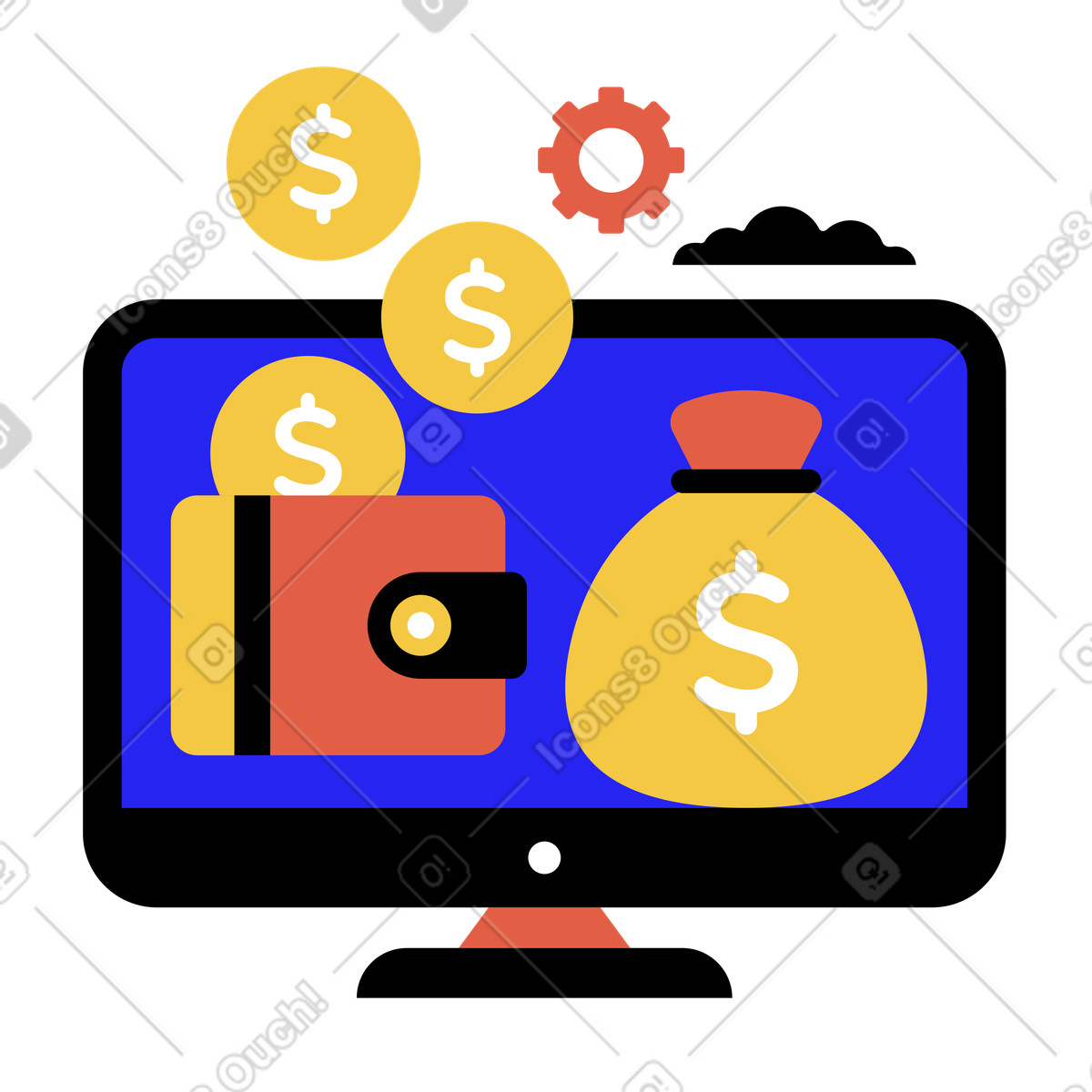 Computer monitor with money bag and wallet illustration in Flat style download in PNG, SVG