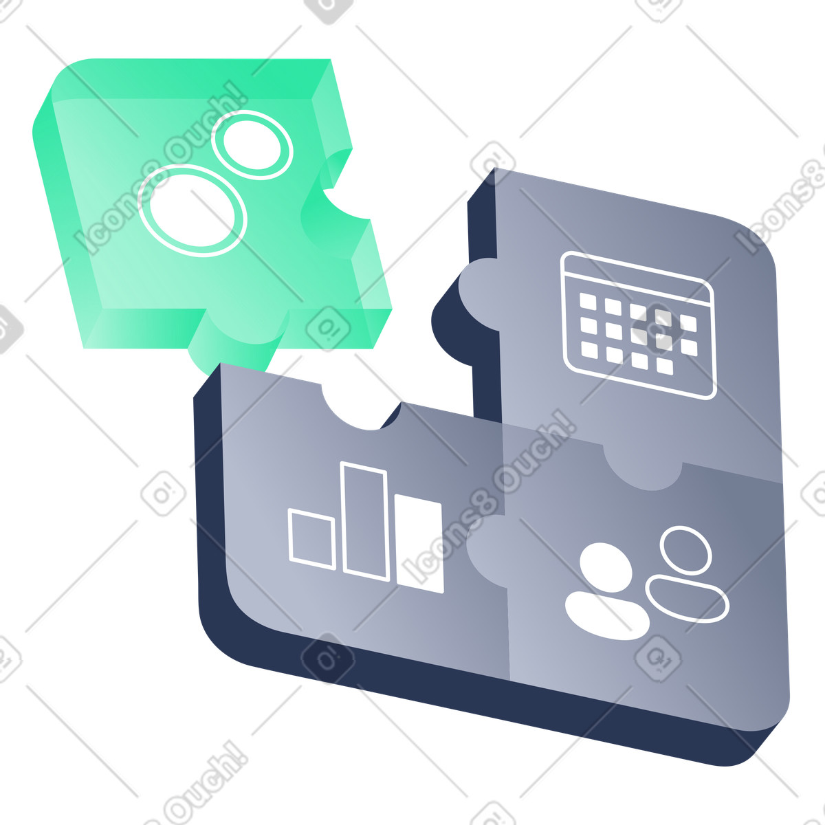 Business icons on jigsaw puzzle pieces, Business integration and management, enterprise workflow and organization structure illustration in Lucent style download in PNG, SVG