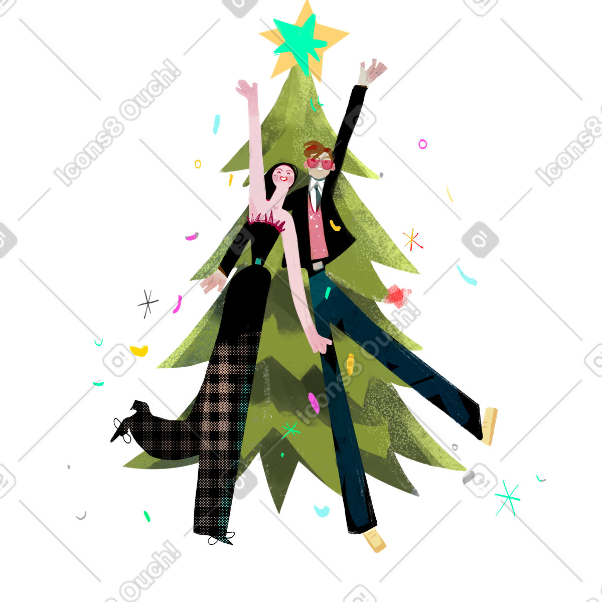 Ilustração de Mulher e homem em frente à árvore natal no estilo Fabulous para baixar PNG, SVG